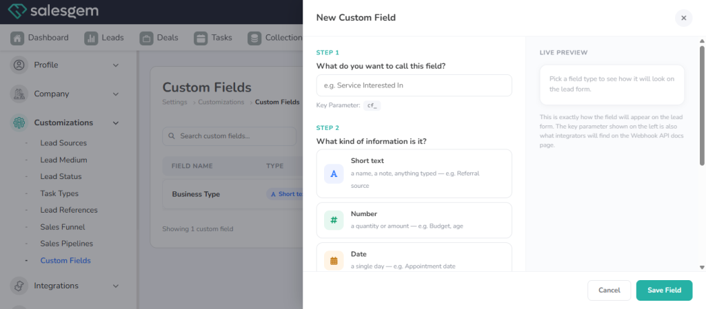 CRM custom fields 