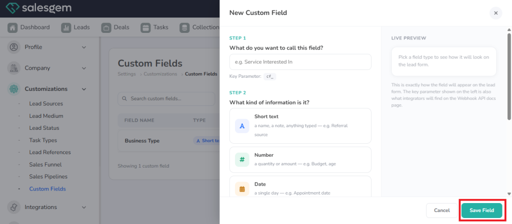 CRM custom fields 
