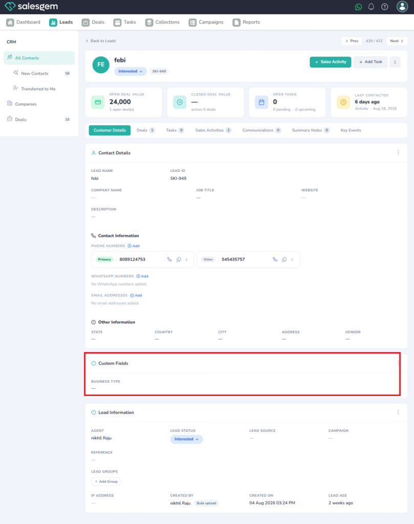 CRM custom fields 
